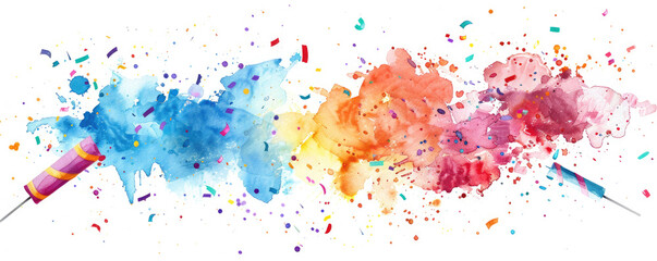 Vibrant watercolor splash displaying fireworks bursts of blue, yellow, orange, and red hues, perfect for festive celebration themes.