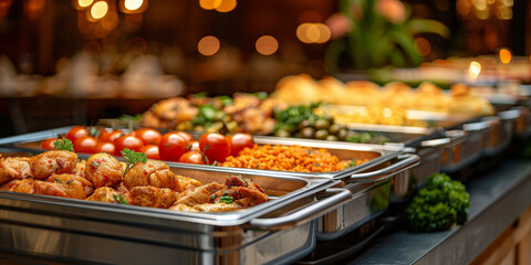 Fototapeta premium A long table with chafing dishes filled with delicious food, ready for an evening party. Group of people eating catering buffet food indoors at restaurant or wedding venue with colorful meat,vegetable