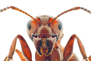 ant's head, revealing its intricate compound eyes and antennae, , isolated on white background.