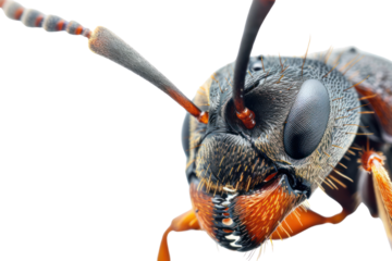 ant's head, revealing its intricate compound eyes and antennae, , isolated on white background.