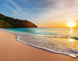 Panoramic view of a colorful paradise beach at sunset
