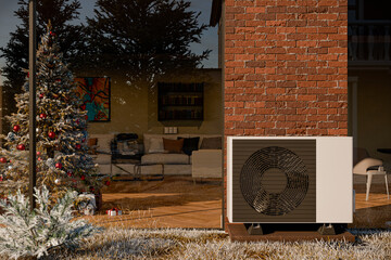 Heat pump in front of a house in winter mood - 3d illustration