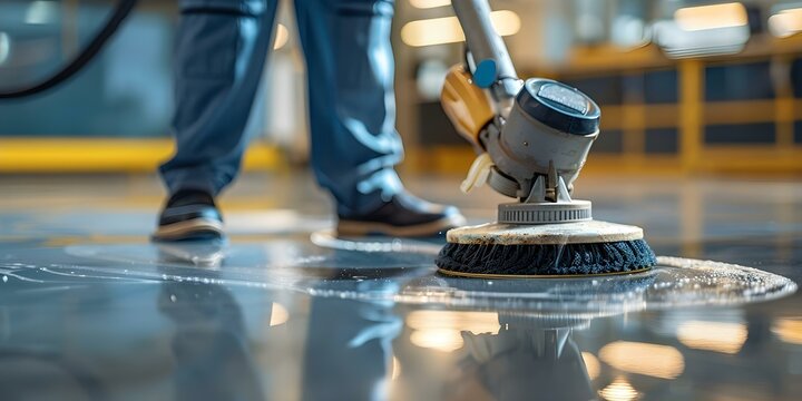A cleaner in uniform buffs hard floor with highspeed polisher for shine. Concept Cleaning Techniques, Commercial Cleaning, Floor Polishing, Equipment Maintenance, Professional Uniforms