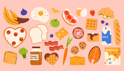 Breakfast food products set. Various tasty, nutritious meals to fresh ingredients collection. Grocery products for lunch. Vector illustration in cartoon style. Isolated on pink background