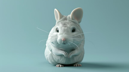 Adorable digital rendering of a cute grey mouse in a minimalistic style on a light blue background.