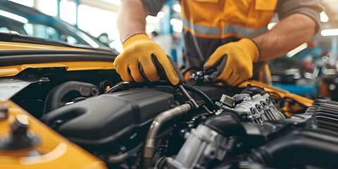Mechanic fixing car engine in service station. Concept Car Maintenance, Automotive Repairs, Mechanic Expertise, Vehicle Servicing, Engine Troubleshooting - Powered by Adobe