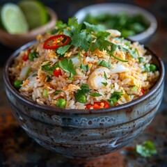 enjoy a tantalizing bowl of fried rice loaded with mixed vegetables, herbs, spices, garnished with basil leaves