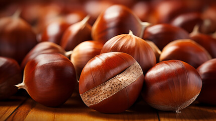 Close-Up of Chestnuts on a Wooden Surface