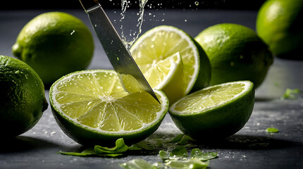 slicing a lime in slow motion, focusing on the knife cutting through the bright green skin and the juicy interior