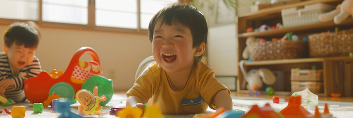 Images of children smiling and playing with lots of toys out.
