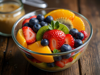 Delicious Fresh Fruit Salad with Strawberries, Blueberries, Kiwis, and Oranges in a Glass Bowl with Honey and Mint