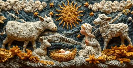 Naklejka premium Knitted Nativity scene. Christmas. Newborn Jesus Christ in a manger, Mary and animals. Christian religious illustration, Christmas border