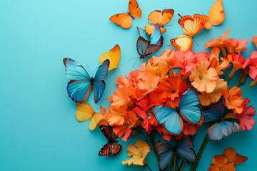 Vibrant butterflies flutter enchantingly over a bouquet of orange flowers, creating a mesmerizing tableau of nature's beauty and colorful elegance.