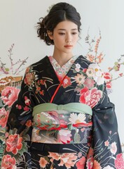 A woman wearing a kimono with a floral pattern