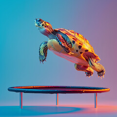 A playful turtle defies gravity as it joyfully jumps on a trampoline, surrounded by a vivid color palette that adds a whimsical and energetic touch to the enchanting moment.
