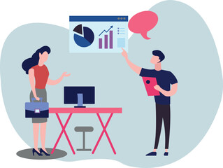 A boy and a girl are discussing a chart graph.