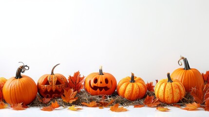 Halloween Themed Pumpkin Arrangement With Autumn Leaves On Hay