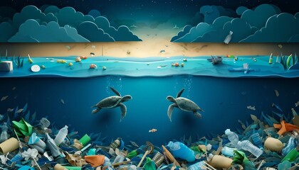 Turtles Underwater with Garbage Floating Above in 3D Paper Art