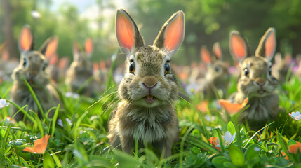Fototapeta premium Easter bunny and easter eggs on green grass with flowers