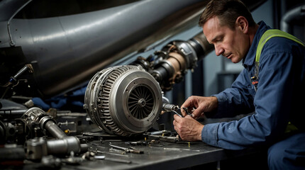 meticulous process of an aircraft technician repairing a turbine. Focus on the close-up details