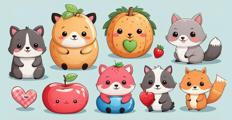Set of cute animals  cartoon Collection of wild and farm character designs, fruits, food, hearts....