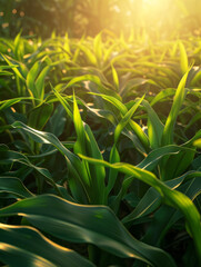 Obraz premium Green corn field with sunset in the background close up, vertical 