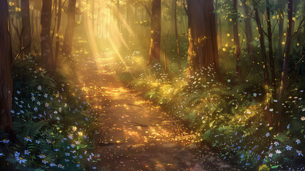 Forest Trail at Dawn;
 beauty of a forest trail at dawn. The soft, golden sunlight filters through...