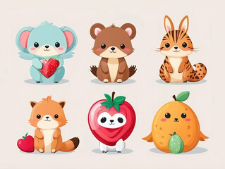Obraz premium Set of cute cartoon animals Collection of wild and farm character designs, fruits, food, hearts.vector Illustration.Separate background