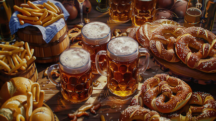 mugs of beer and a basket of pretzels on a wooden table. The background is blurry, but it looks like there are autumn leaves in the background