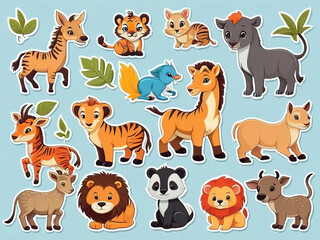 Stickers with cute wild animals set. For children. Collection of vector illustrations. Flat, isolated  background.