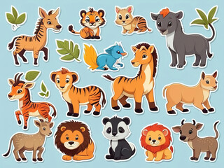 Obraz premium Stickers with cute wild animals set. For children. Collection of vector illustrations. Flat, isolated background.