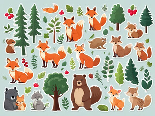Fototapeta premium Stickers with wild animals in the forest, Green trees for children. Collection of vector illustrations, flat icons, isolated on blue background.