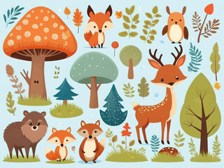 Naklejka premium Stickers with wild animals in the forest, cute set. Green trees for children. Collection of vector illustrations, flat icons, isolated background.