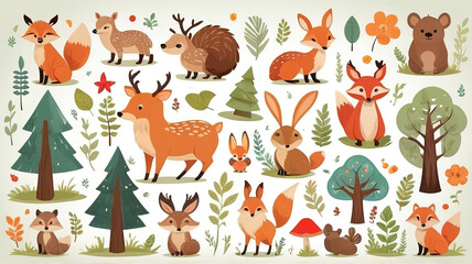 Naklejka premium Stickers with wild animals in the forest, cute set. Green trees. Collection of vector illustrations, flat icons, isolated on white background.