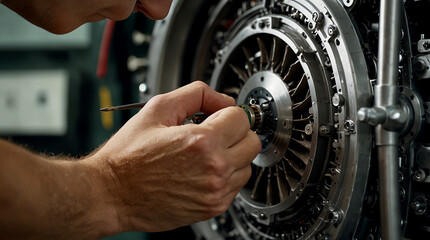 meticulous process of an aircraft technician repairing a turbine. Focus on the close-up details