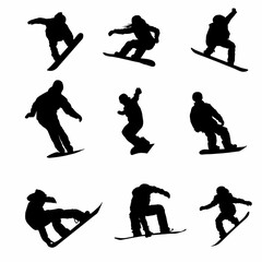 set silhouettes of snowboarder. Snowboard sport set. Isolated on white background.