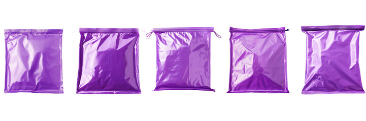 Set of A completely empty purple bag, captured in vivid detail, on a transparent background