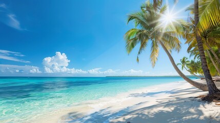 Stunning tropical beach scene with blue skies, clear turquoise waters, and swaying palm trees bathed in sunlight. Perfect paradise destination.