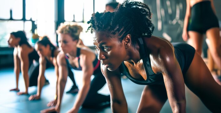 A vibrant snapshot of a group fitness session, capturing the concentrated efforts of individuals performing a plank exercise in a well-lit studio.