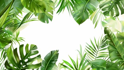 Tropical leaves frame the background with space for text. The background is white with a watercolor illustration style.
