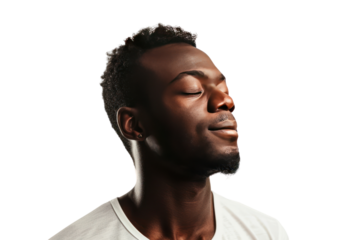 African American man gazing into the distance, conveying a sense of depth and inner wisdom. isolated on white background.