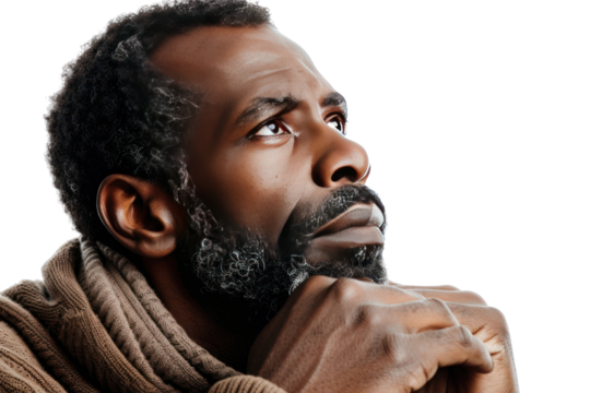 African American man gazing into the distance, conveying a sense of depth and inner wisdom. isolated on white background.