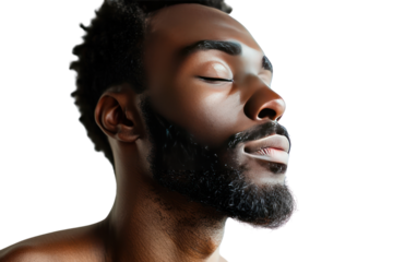 African American man gazing into the distance, conveying a sense of depth and inner wisdom. isolated on white background.