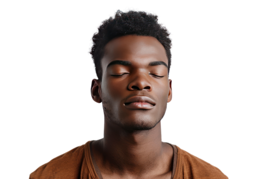 African American man gazing into the distance, conveying a sense of depth and inner wisdom. isolated on white background.