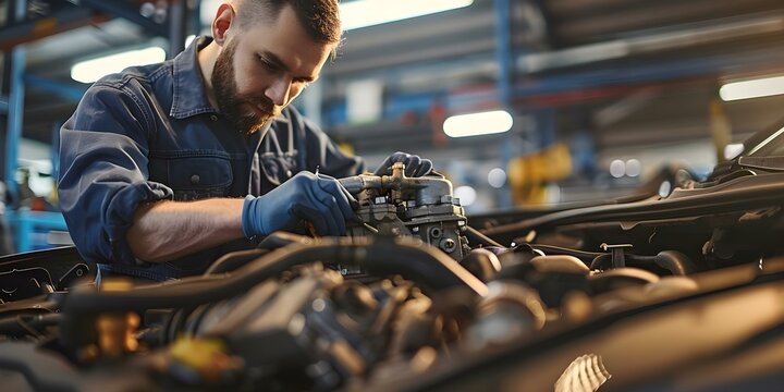 Repairing a Car Engine at a Service Station. Concept Auto Mechanic, Engine Tune-up, Vehicle Maintenance, Car Repair Tips, Service Station Hacks
