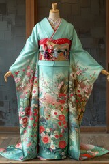 Naklejka premium A kimono with a pattern of cherry blossoms and maple leaves