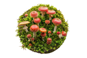 A whimsical scene featuring a circle of Fly agaric mushrooms, their vibrant red caps forming a vibrant contrast against the emerald green moss, rendered  on a white background.