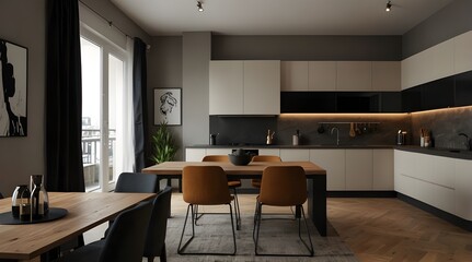 Stylish apartment interior with modern kitchen. Idea for home design.