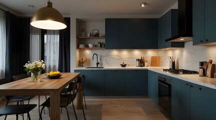 Fototapeta premium Stylish apartment interior with modern kitchen. Idea for home design.