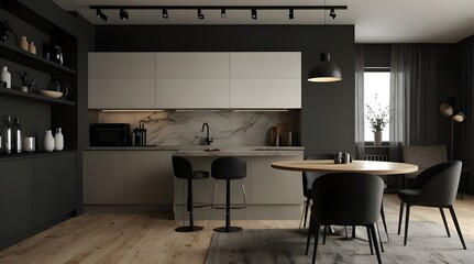 Stylish apartment interior with modern kitchen. Idea for home design.